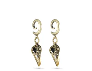 Ornate Raven Skull Gauged Spiral Earrings - Bronze