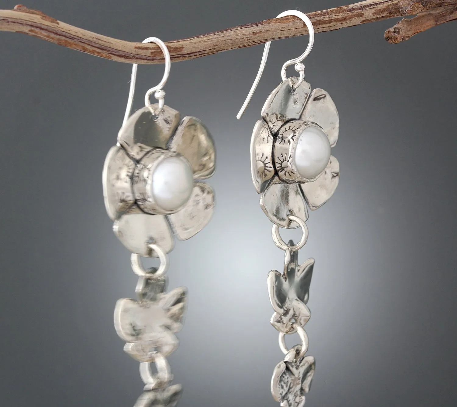 Pearl Dogwood Flower Earrings with two Flower Drop