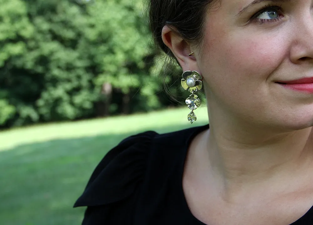 Pearl Dogwood Flower Earrings with two Flower Drop