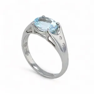 Platinum oval real aquamarine with diamonds solitary ring-23354