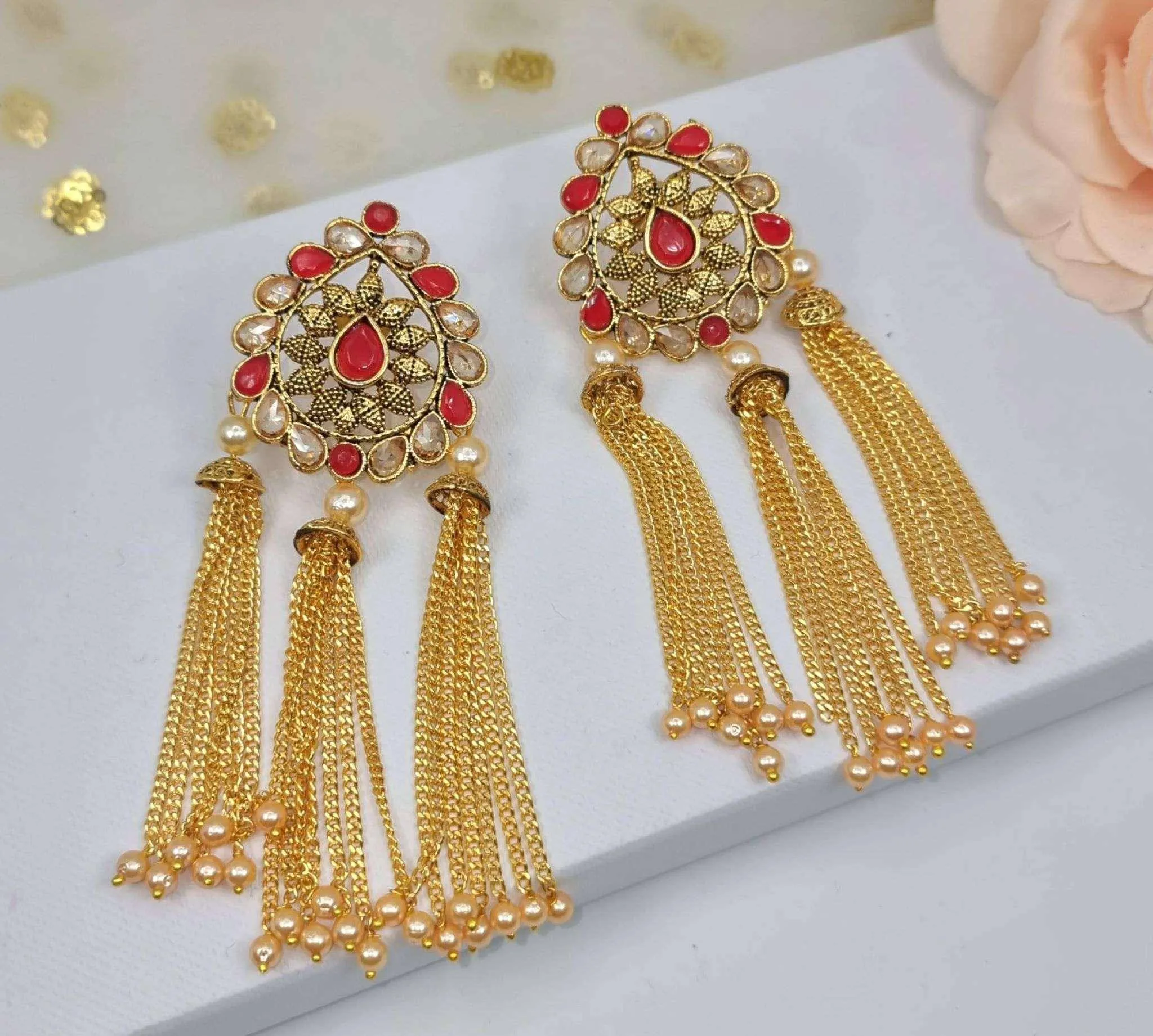 Red Gold Tassel Earrings