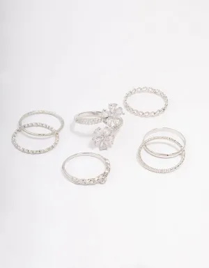 Rhodium Cubic Zirconia Floral Ring 7-Pack