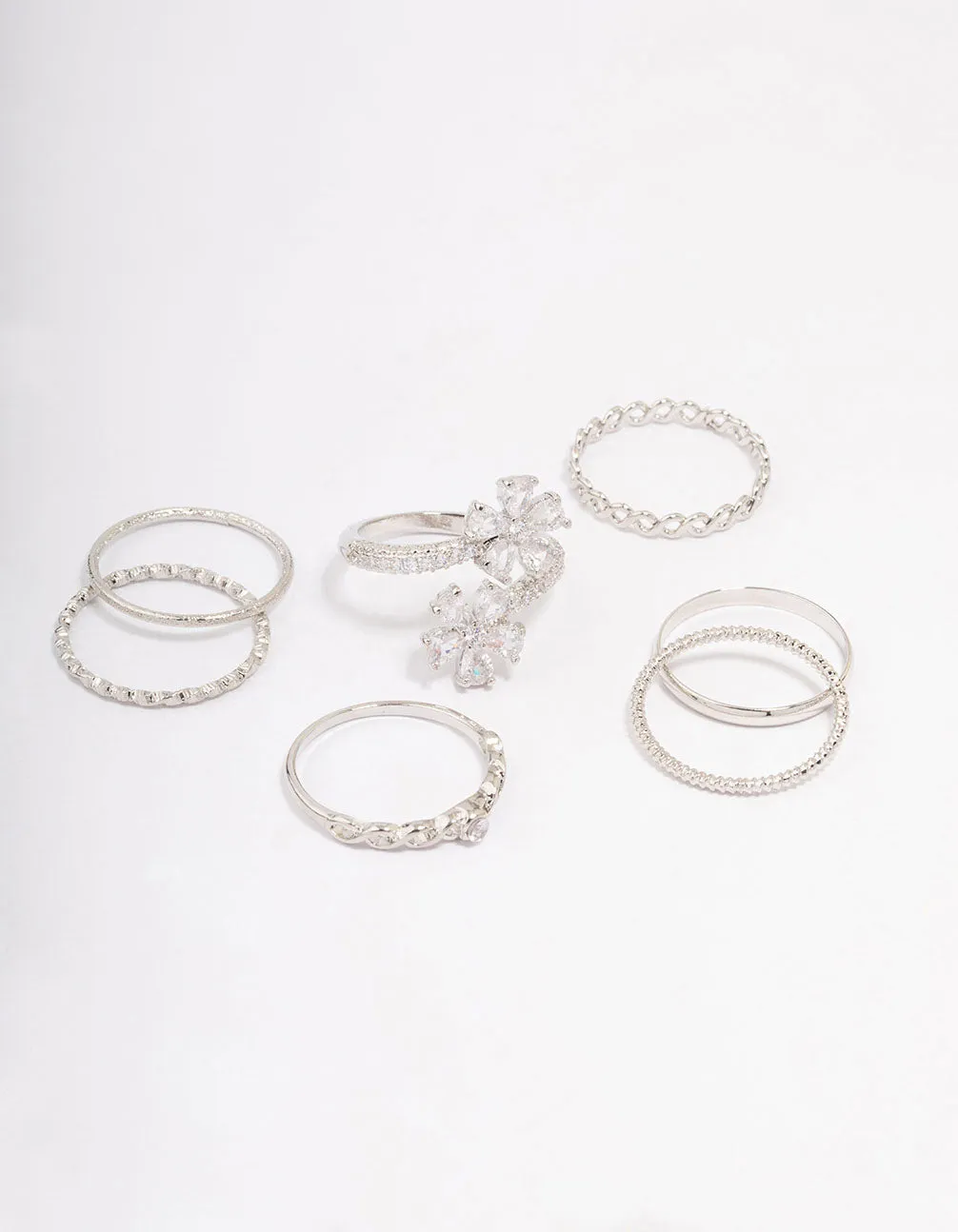 Rhodium Cubic Zirconia Floral Ring 7-Pack