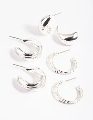 Rhodium Mixed Textured Thick Earrings Pack