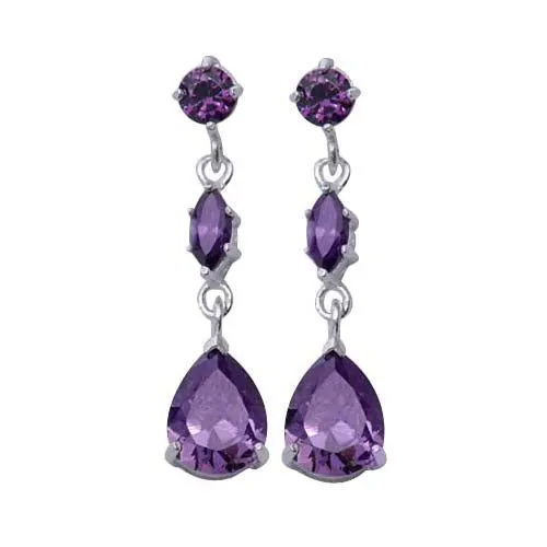 Silver Three-Stone Amethyst Earrings