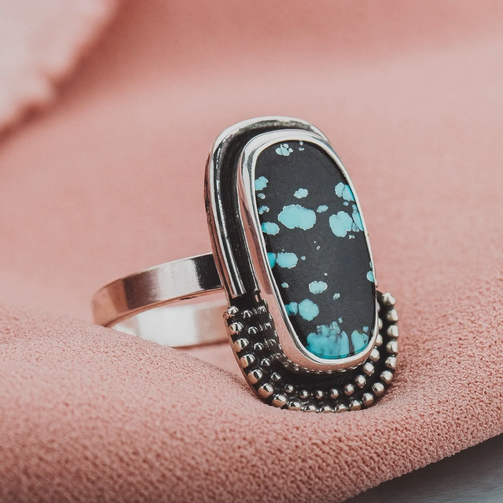 Size 9.25 Black & Blue Cloud Mountain Turquoise Gemstone Ring