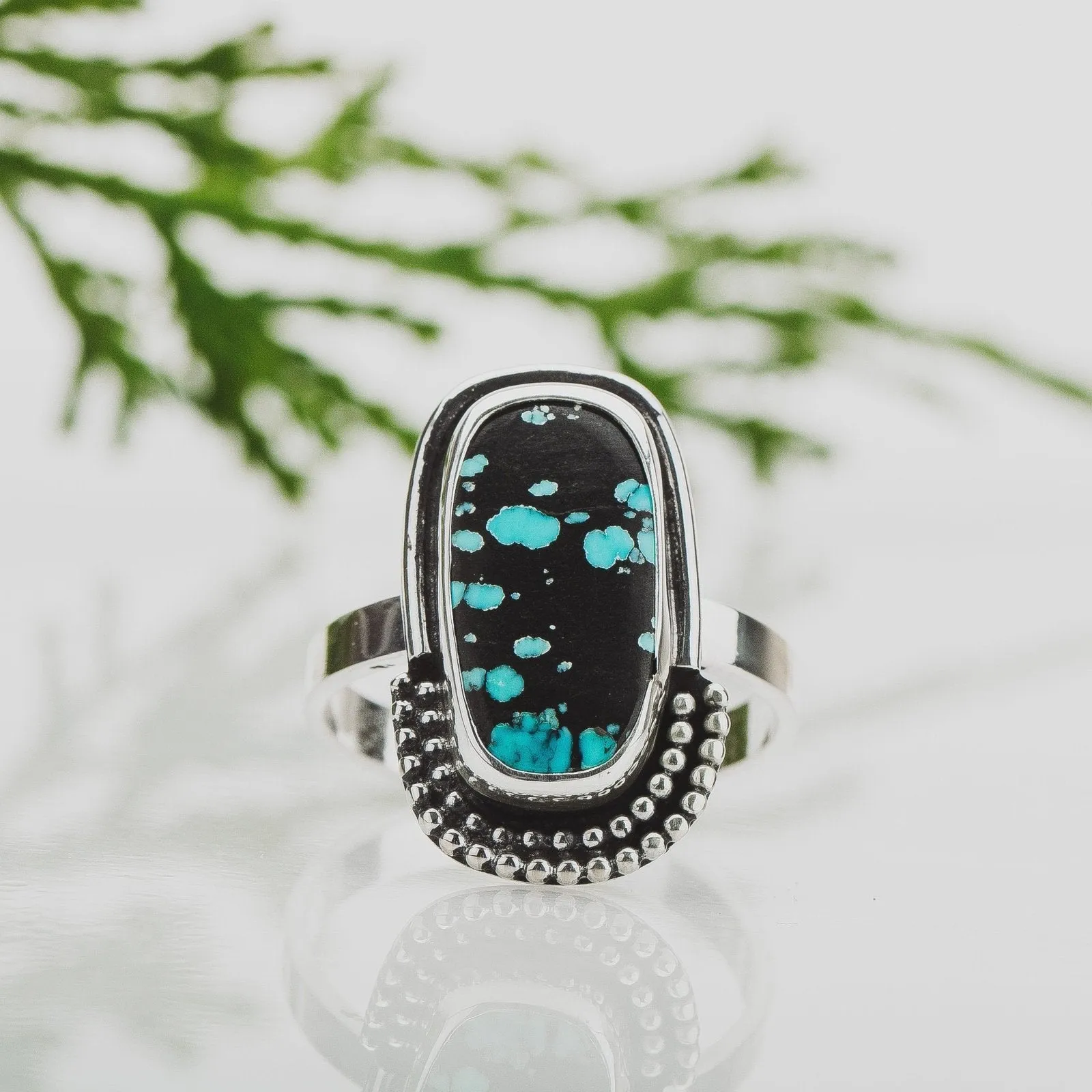 Size 9.25 Black & Blue Cloud Mountain Turquoise Gemstone Ring