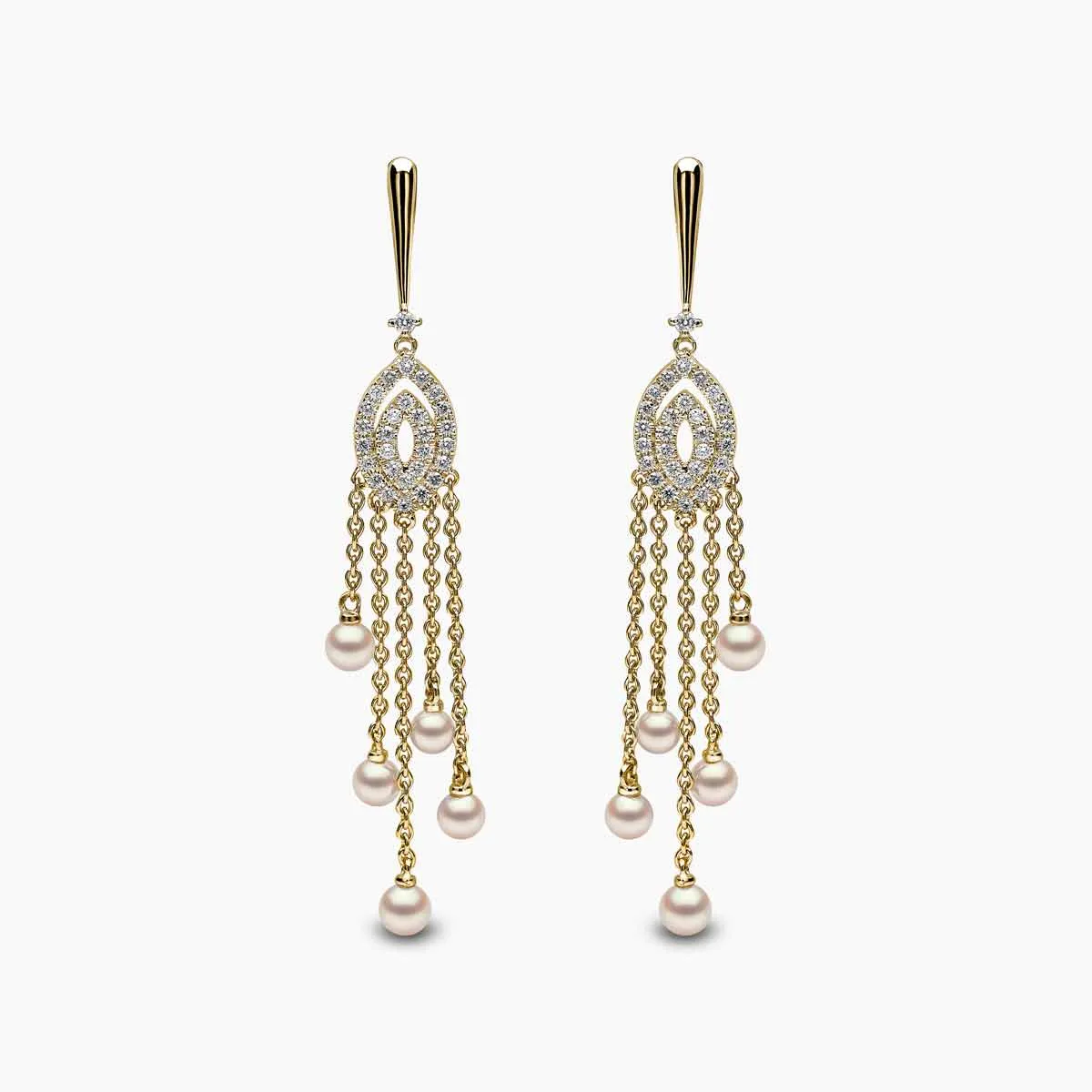 Sleek 18K Gold Pearl and Diamond Chain Drop Earrings