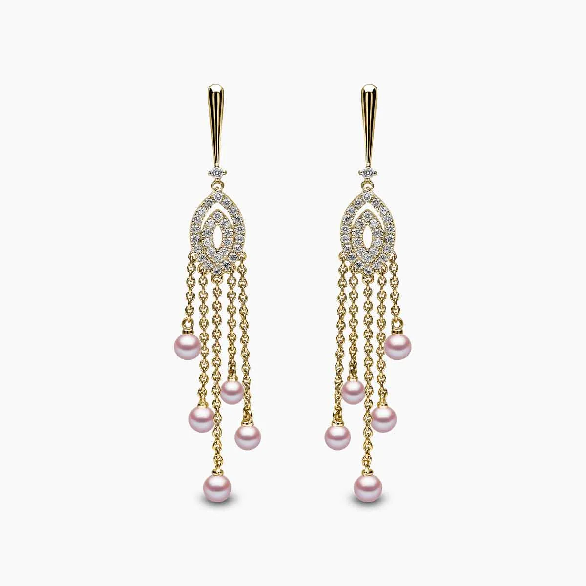 Sleek 18K Gold Pearl and Diamond Chain Drop Earrings