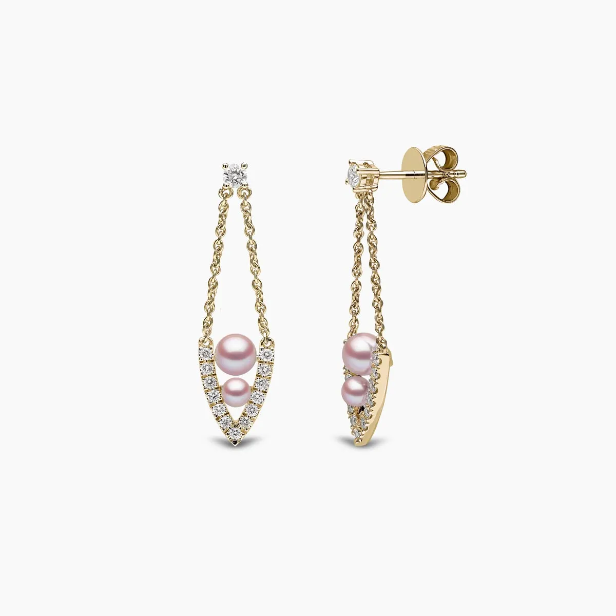 Sleek 18K Gold Pearl and Diamond Drop V Shaped Earrings