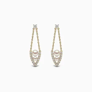 Sleek 18K Gold Pearl and Diamond Drop V Shaped Earrings