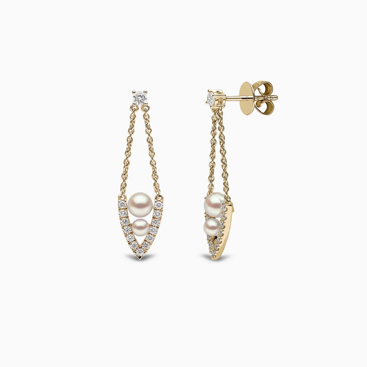 Sleek 18K Gold Pearl and Diamond Drop V Shaped Earrings