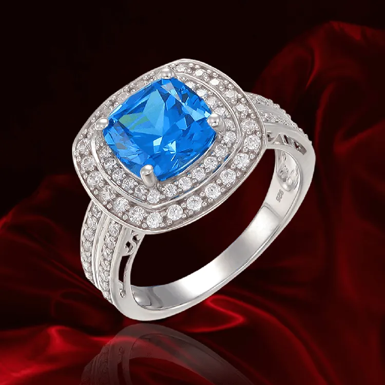 Sparkling Blue Ring with Double Halo