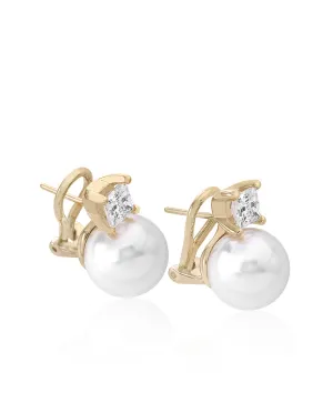 Sterling Silver Gold Plated Earrings for Women with Post and Organic Pearl, 10mm Round White Pearl and Cubic Zirconia, Selene   Collection