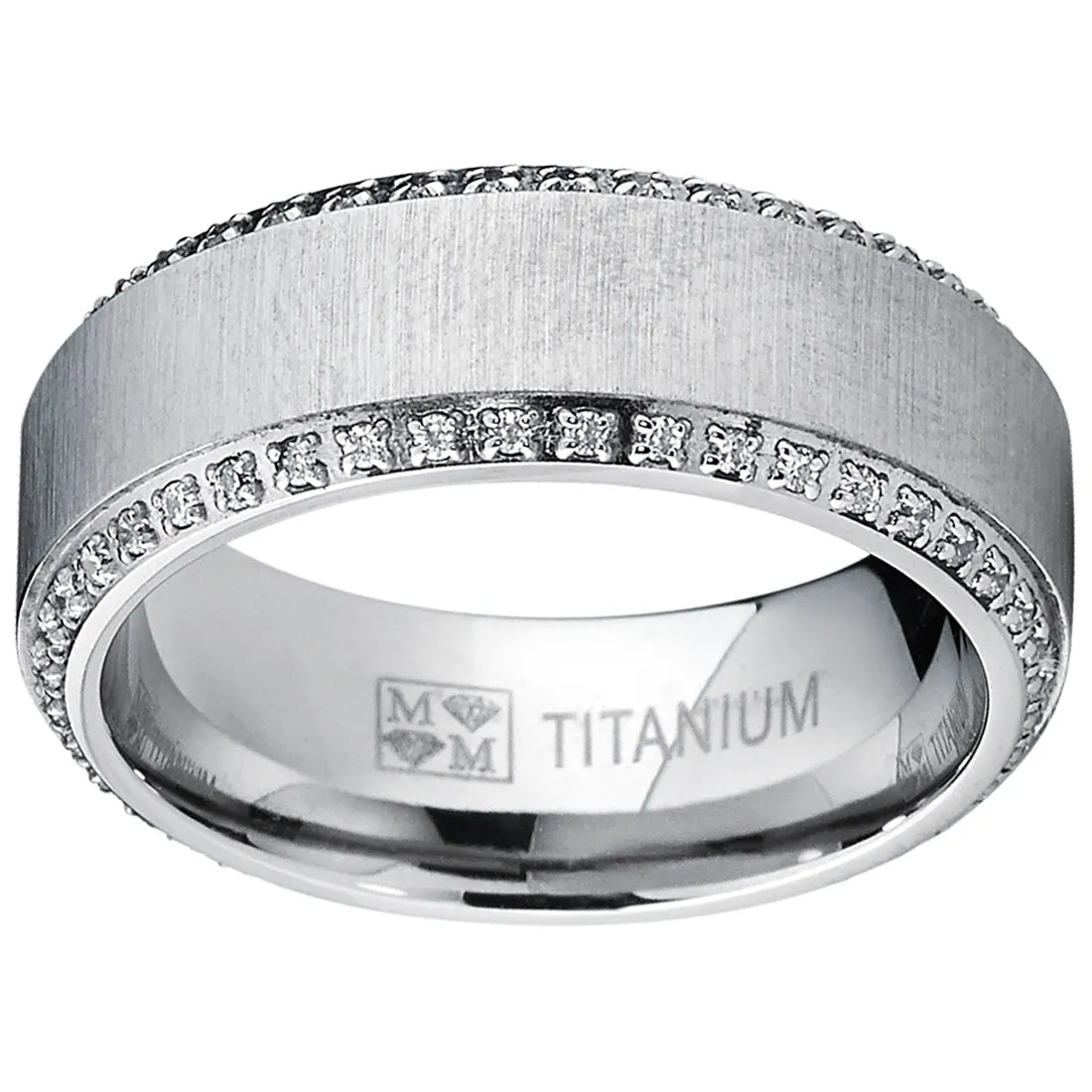 Titanium Men's  Brushed Wedding Band Ring with Cubic Zirconia, Two Row Eternity Ring, 8mm