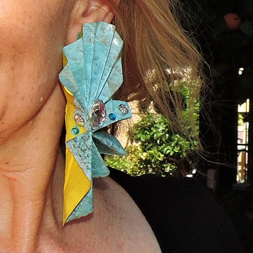 Turquoise/Yellow Paper Bag Stud Earrings