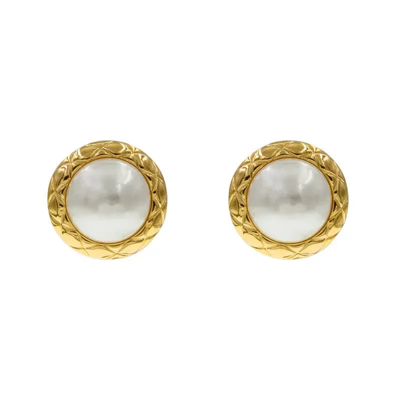 VAIGE Elegant Vintage Pearl Button Stud Earrings in Classic White and Timeless Gold