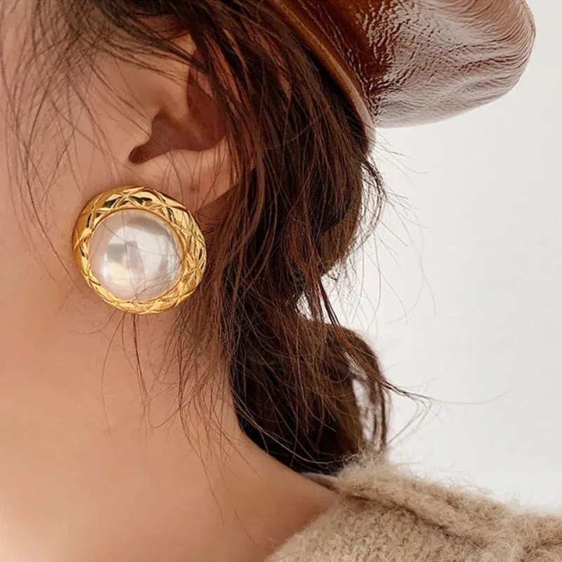 VAIGE Elegant Vintage Pearl Button Stud Earrings in Classic White and Timeless Gold