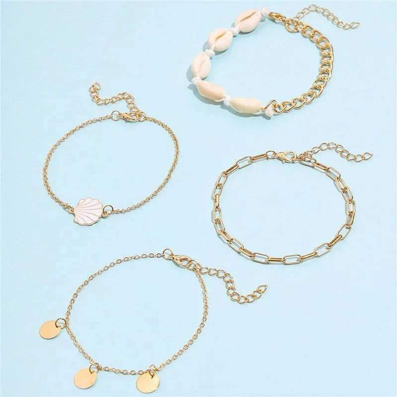 ZOSHI 4pc/set Bohemia Shell Chains Anklet Set For Women Gold Plated Summer Beach Jewelry