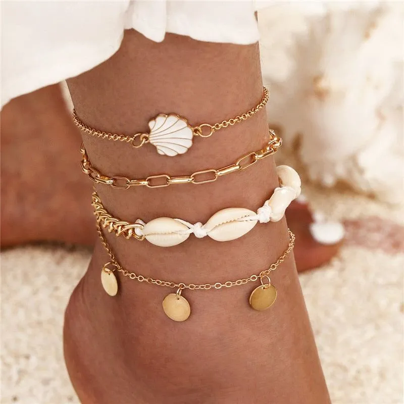 ZOSHI 4pc/set Bohemia Shell Chains Anklet Set For Women Gold Plated Summer Beach Jewelry